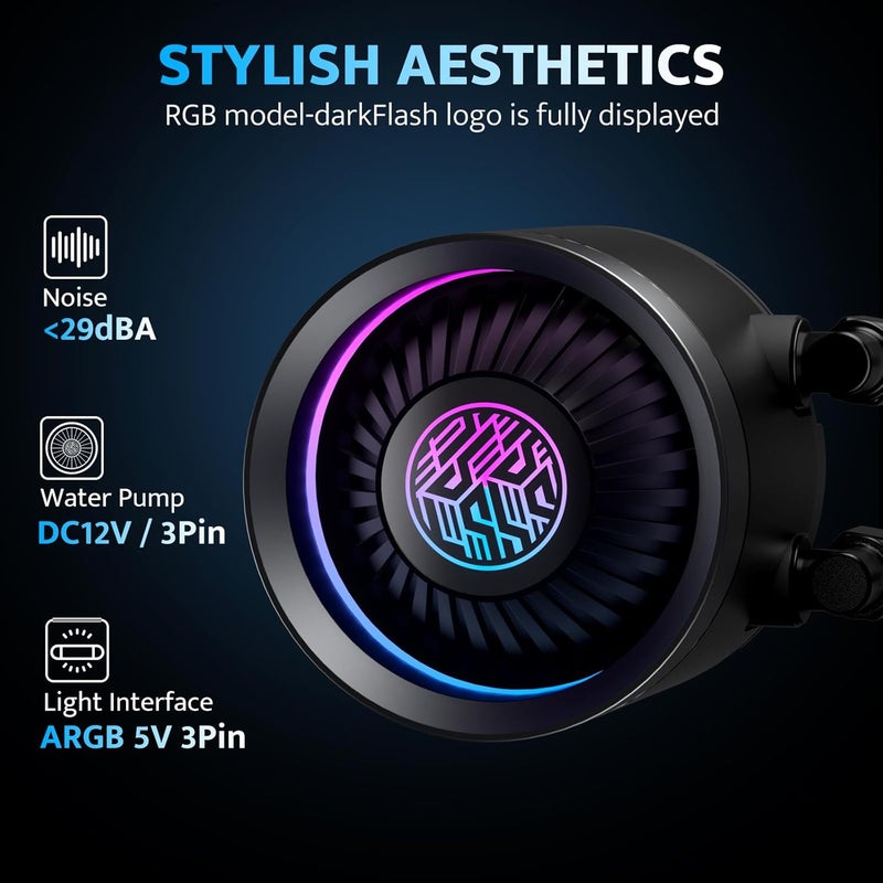 DarkFlash DN360A AIO مبرد سائل للمعالج، مضخة عالية الأداء، مزامنة ARGB، مراوح PWM، مع عرض شعار قابل للتخصيص، متوافق مع Intel 1851/1700، AMD AM4/AM5 (أسود، 360 مم AIO) - Image 2